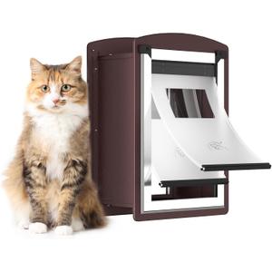 Cat Door for Wall, Cat Door for Interior and Exterior Wall, Pet Door with Double Magnetic Flaps, Double Lock Panels, Steel Frame and Telescoping Tunnel, Small, Coffee Color
