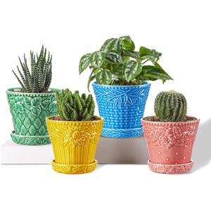 Metahom Succulent Ceramic Pots, 3.8 Inch Small Plant Pots with Drainage Hole & Saucer, Flower Planter Pot for House Plants Cacti, Home Decor, Set of 4, Assorted Colors