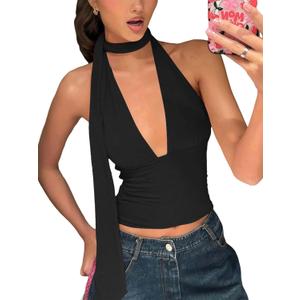 Womens Sexy Scarf Halter Tops Going Out Deep V Neck Sleeveless Backless Crop Top Slim Fit Y2k Summer Clubwear Party Top (Black, XS)