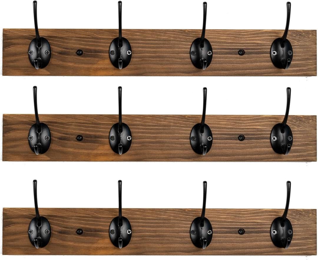 Coat Hooks Wall Mounted, Wooden Hat Rack with 4 Hooks for Entryway, Bathroom,Bedroom (3 Pack,Brown)