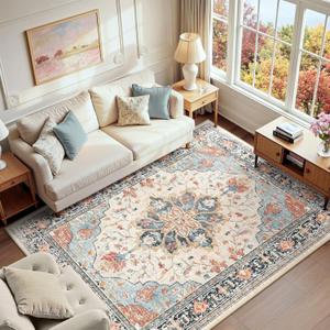 RELEANY Area Rugs 6'x9' Washable Non-Slip, Floral Vintage Distress Print Pattern Medallion Carpet for Living Room Bedroom Dining Room, Beige Navy Blue Orange Colorful