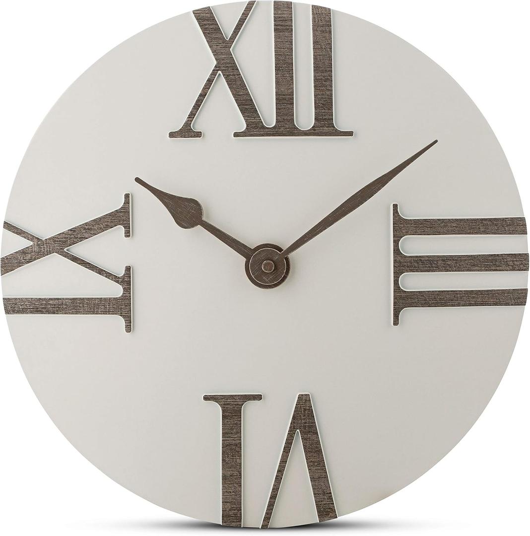 Bernhard Products Wall Clock Silent Non-Ticking 12 Inch Modern White and Grey Unique Convex, Quality Quartz Battery Operated Roman Numeral for Home Living/Dining Room, Office Kitchen Bedroom Clocks