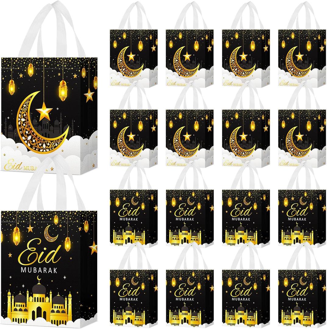 Locmeo 24 Pcs Eid Mubarak Reusable Gift Bags with Handles Non Woven Al Fitr Muslim Treat Bags Multifunctional Ramadan Mubarak Gift Bag for Party Supplies Gifts Wrapping (Black)