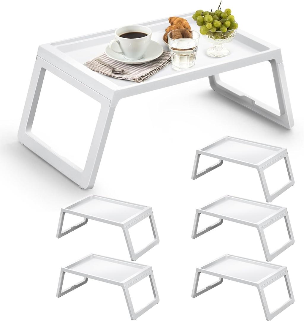 6 Pieces Breakfast in Bed Tray with Foldable Legs,26.8"x14" Bed Table Tray with Handles Serving Breakfast Tray for Couch Snack Sofa Home Sleepover Slumber Party (White)
