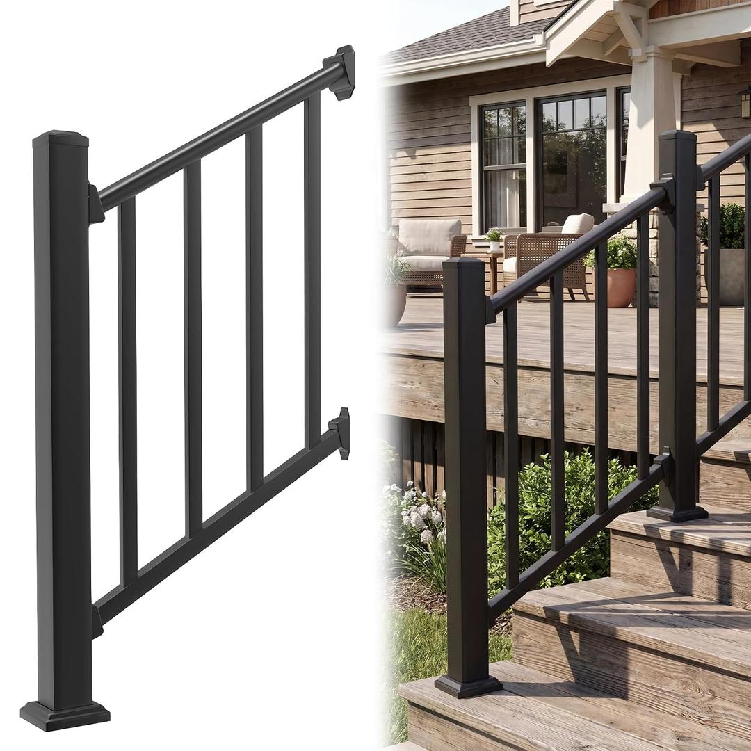 Akenow 36in H X 2 Ft Deck Railing Kit，Black Porch Railing with Post，1 Post+1 Panel All-in-One Installation, AAMA 2604 Coat Modular Deck Kits for Outdoor Steps Decks, Porches & Balconies Stairs