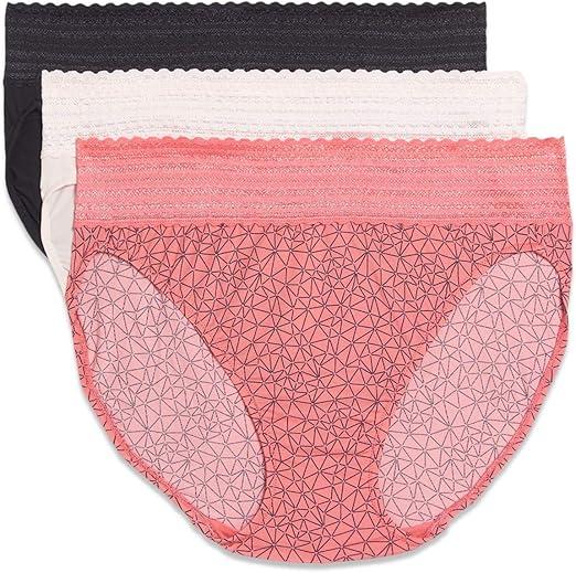 Warner's womens Blissful Benefits Dig-free Comfort Waistband With Lace Microfiber Hi-cut 3-pack 5109w (X-Large, Color: Sunkissed Coral Crystal Web/Rosewater/Black)