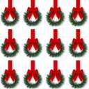 Retrowavy 12 Pcs Christmas Kitchen Cabinet Wreaths with Ribbon 3.94 Inch Mini Christmas Wreath Small Kitchen Xmas Decor for Window Door(Dark Red,Classic Style)
