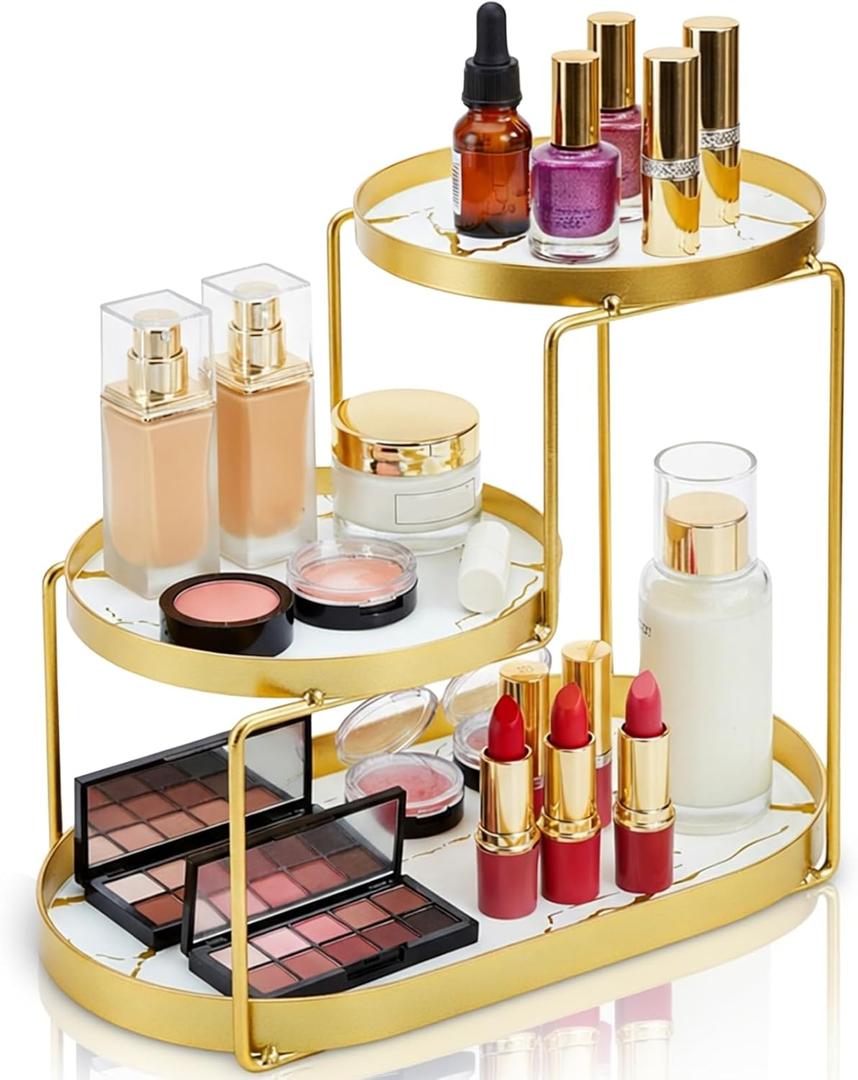 3 Tier Bathroom Countertop Organizer, Makeup Organizer for Vanity with Marble Tray, Multifunctional Cosmetic Storage Shelf, Perfume Display Tray for Dresser, Skincare, Bedroom, Kitchen Corner