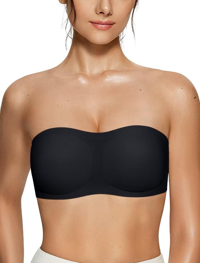 Vertvie Women's Wireless Strapless Bra Seamless Padded Bandeau Bra Non-Slip Silicone Tube Top Push Up Convertible Bralette (Large, Black)