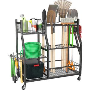 Ultrawall Garden Tool Organizer, Yard Tool Storage Rack for Garage Organization with Lockable Wheels, Garden Tool Stand for Rake, Brooms, Indoor & Outdoor Use