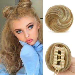 Mini Claw Clip in Hair Bun Messy Cat Ears Hair Bun Extension Synthetic Donut Wig Accessory Updo Space Bun Hair Pieces for Women Girls, Honey Blonde Mixed Platinum Blonde