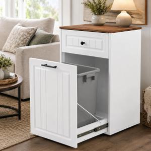 13 Gallon Pull Out Trash Can Cabinet with Storage Drawer, Wooden Kitchen Garbage Can Holder, Freestanding Modern Farmhouse Waste Bin Furniture, White Finish