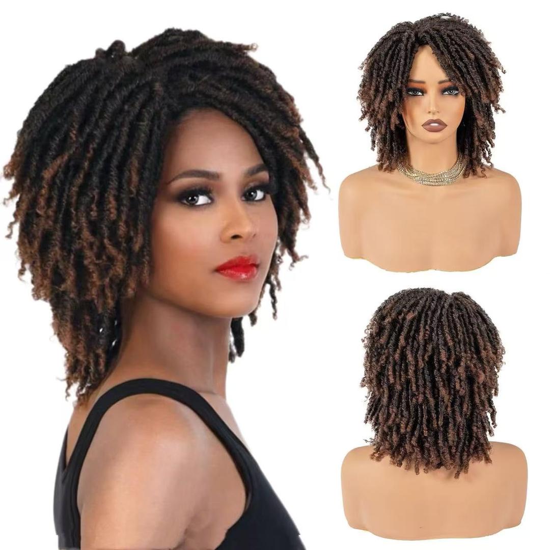 Brown Short Dreadlock Wig for Women and Men, Synthetic Afro Twist Braided Wigs Faux Locs Hair Full Machine Made Glueless Curly Wigs Ombre Brown T30