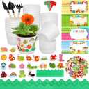 Elcoho 24 Packs Garden Plastic Pot Craft Kit Plant Spring Craft Kits for Kids Flower Pots with 150 Foam Stickers 36 Labels 24 Certificate of Awards 3 Tools Planting Growing Kit for Kids