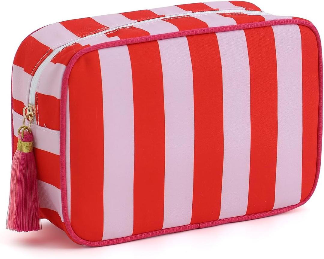 Stripe Makeup Bag Travel Cosmetic Bag Organizer Tassel Toiletry Bag Large Canvas Zipper Pouch and Accessories Storage Bag for Women (Red& Pink)
