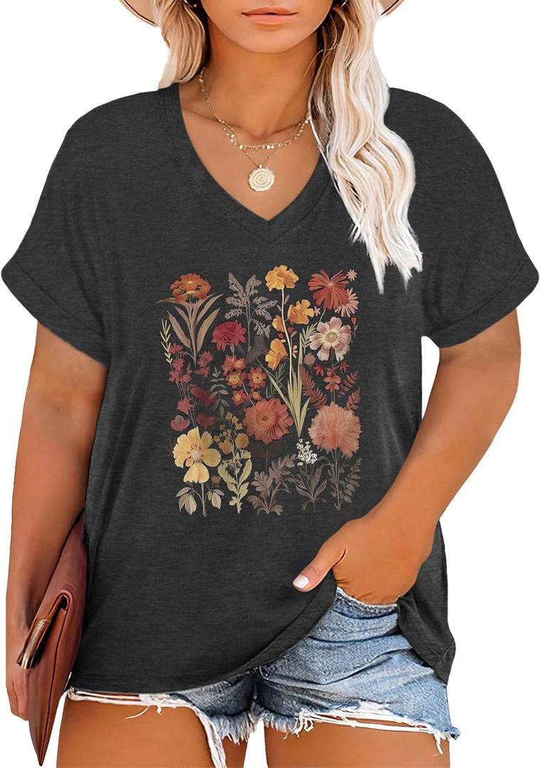 Plus Size T Shirt for Women Graphic Tees Short Sleeve Floral Print Loose Fit Summer Casual Tops 2XL