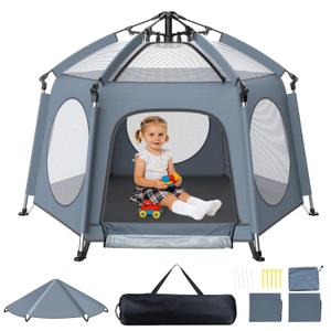 Pop Up Baby Playpen, Instant Setup Anti-Tipping Playard with UV Canopy & Mosquito Net, Portable Indoor Outdoor Beach Play Yard Travel Crib with Carry Bag, Grey