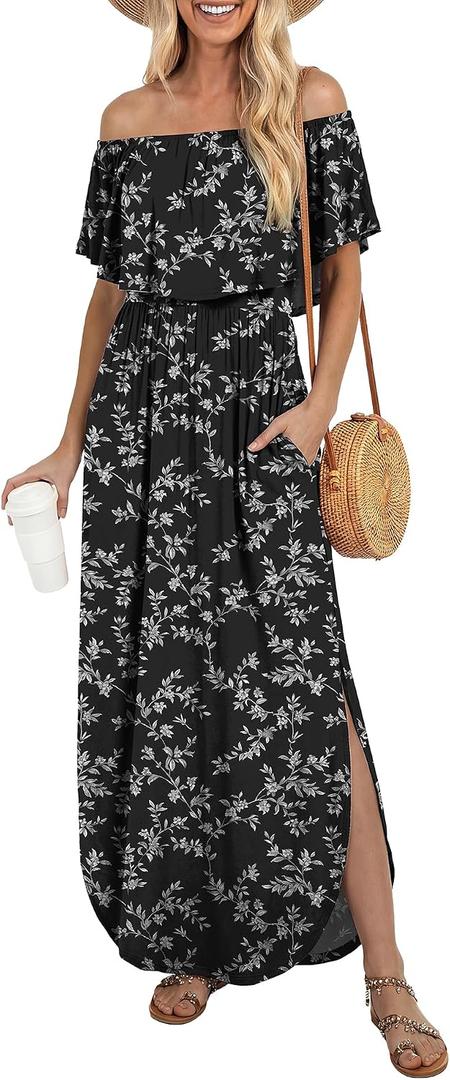 LILBETTER Womens Off The Shoulder Ruffle Party Dresses Side Split Beach Maxi Dress(Black Leaves Large)
