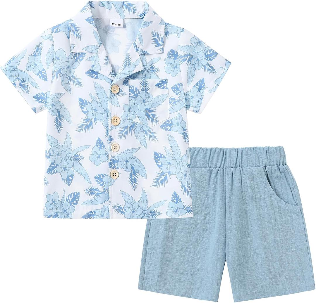 YALLET Toddler Boy Clothes Summer Outfits Short Sleeve Button Down Shirt+Shorts Baby Boy Beach Casual Clothe 1-10 Years (18-24 Months, Blue Prints)