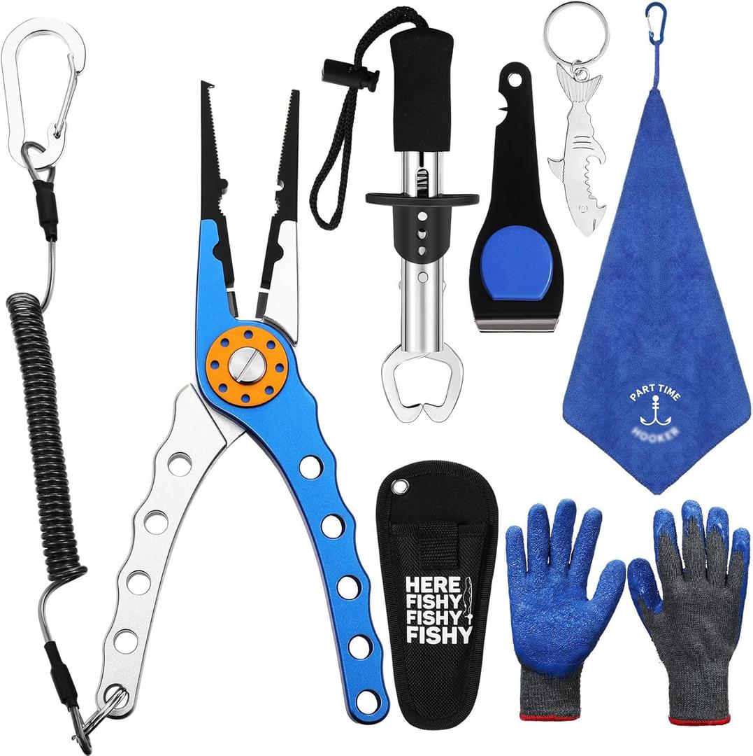 8 Pieces Fishing Tools Kit Fish Hook Remover Set Include Fishing Pliers Lip Gripper Multifunction Scissors Gloves Towel Keychain Hook for Men Women Gifts (Blue)
