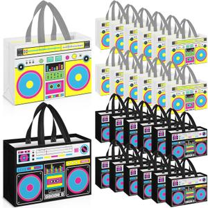 12 Pcs 80s90s Party Favor Bags Non Woven Retro Radio Grocery Bags for Hip Hop Birthday Disco Rock Party (Black,Yellow)
