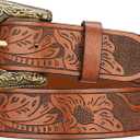 WOWOGO Western Cowgirl Belts for Women Country Cowboy Vintage Leather Engraved Buckle Belt for Jeans Dresses (Fit waist 34-37 inches, 05-brown(flower & Cow))