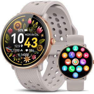 Smart Watch for Women Men, for Android iOS with Sleep & Calorie Monitor, Pedometer Fitness Tracker, Bluetooth Call, IP68 Waterproof, 112+ Sport Modes Round Face Smartwatch (Gold-Pink)