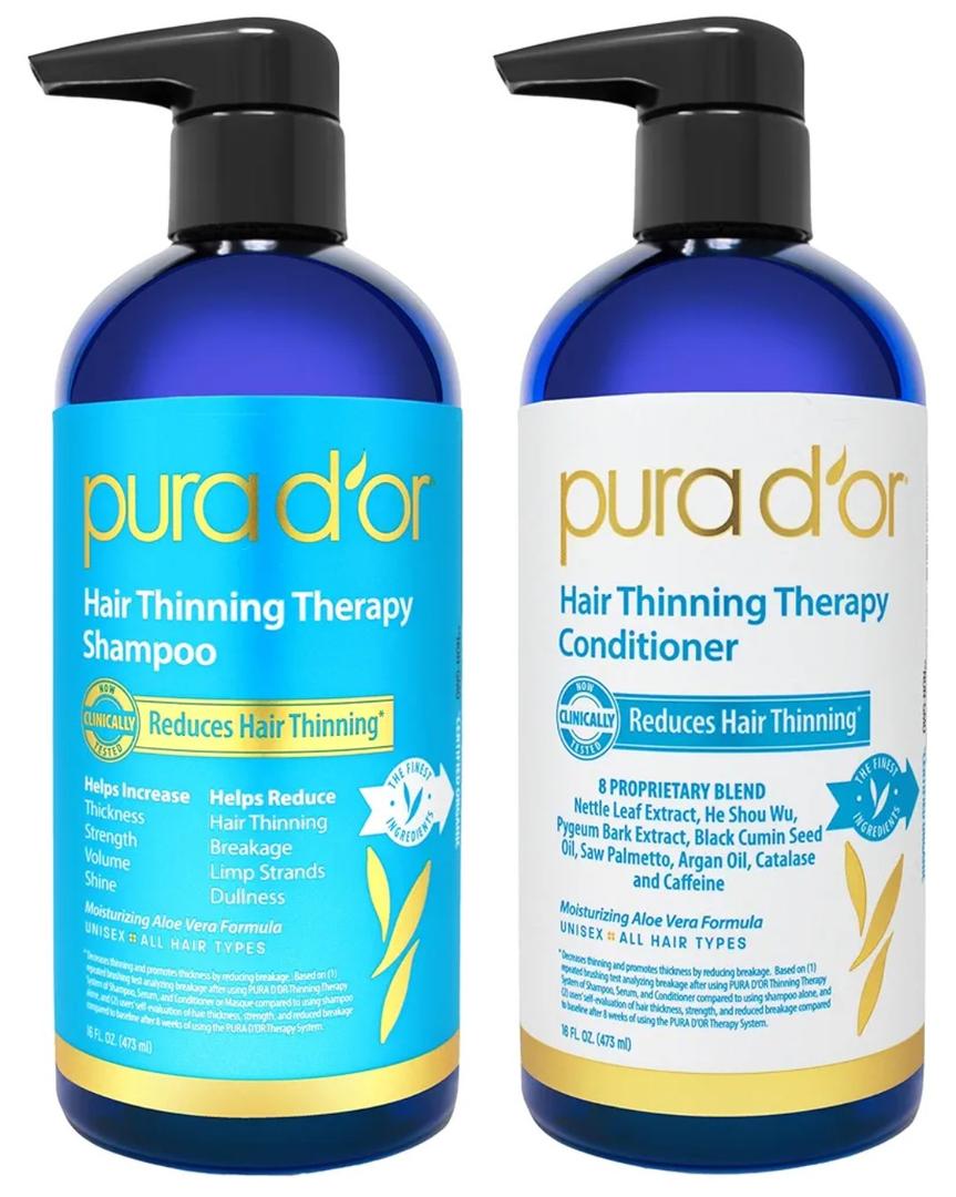 PURA D'OR Hair Thinning Therapy Biotin Shampoo and Conditioner Set, CLINICALLY TESTED Effective Results, Hair Thickening Products For Women & Men, Natural Routine, Color Safe, 16 Oz, 2 Pack