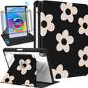 Uppuppy for iPad Mini 7/6 Case - for iPad Mini 6th/7th Generation Cases Women Cute Folio Cover with Pencil Holder Girls Girly Black Flower Pretty Rotating Stand for Apple Mini 6/A17 Pro Case 8.3 Inch