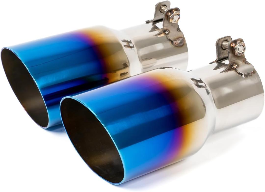 KHK 2.5" to 3.5" Exhaust Tip - 7.75" Long Diesel Exhaust Tips,2.5" Inlet 3.5" Outlet Stainless Steel Bolt-On Angle Cut Truck Tailtip, Universal Fit for Trucks & Cars -Blue Polished(Pack of 2)