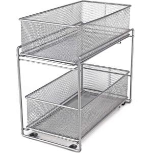 2 Tier Sliding Basket Stackable Cabinet Pull-Out Drawer Mesh Organizer for Kitchen Under Sink Storage (Silver)