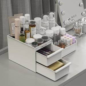 Makeup Organizer Countertop, Vanity Organizer with 2 Drawers for Cosmetics, Skincare, Brushes, Perfume, Skincare Organizer for Vanity, Perfume Organizer for Dresser, Bathroom (White)
