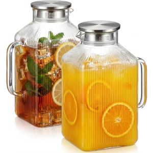 2-Pack 1 Gallon Glass Pitcher with Lid & Spout, Borosilicate Carafe for Hot/Cold Drinks, Large Iced Tea Water Jug with Handle, Fridge Safe & Dishwasher Safe