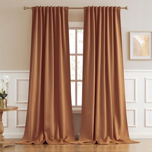 DUALIFE Room Darkening Curtains 102 Inches Long 2 Panels Set Back Tab and Rod Pocket Curtain Panels for Living Room(Golden Oak Brown Orange,52W x 102L Inch)