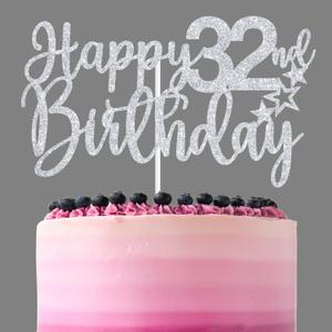 Sliver Glitter Happy 32nd Birthday Cake Topper, Cheers to 32 Years/Hello 32/Thirty Two, Funny 32nd Birthday Party Decorations for Women Men (Sliver 32)