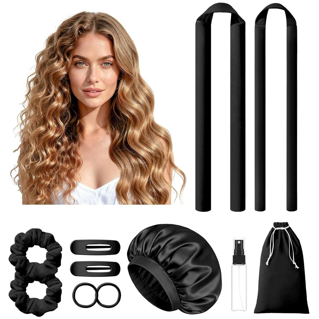 LitBear Heatless Curls Overnight, 2 Sizes of Soft Hair Rollers for Women with Bonnet to Sleep In, No Heat Hair Curlers Set with Scrunchies and Clips, for Long and Medium Hair (Black)