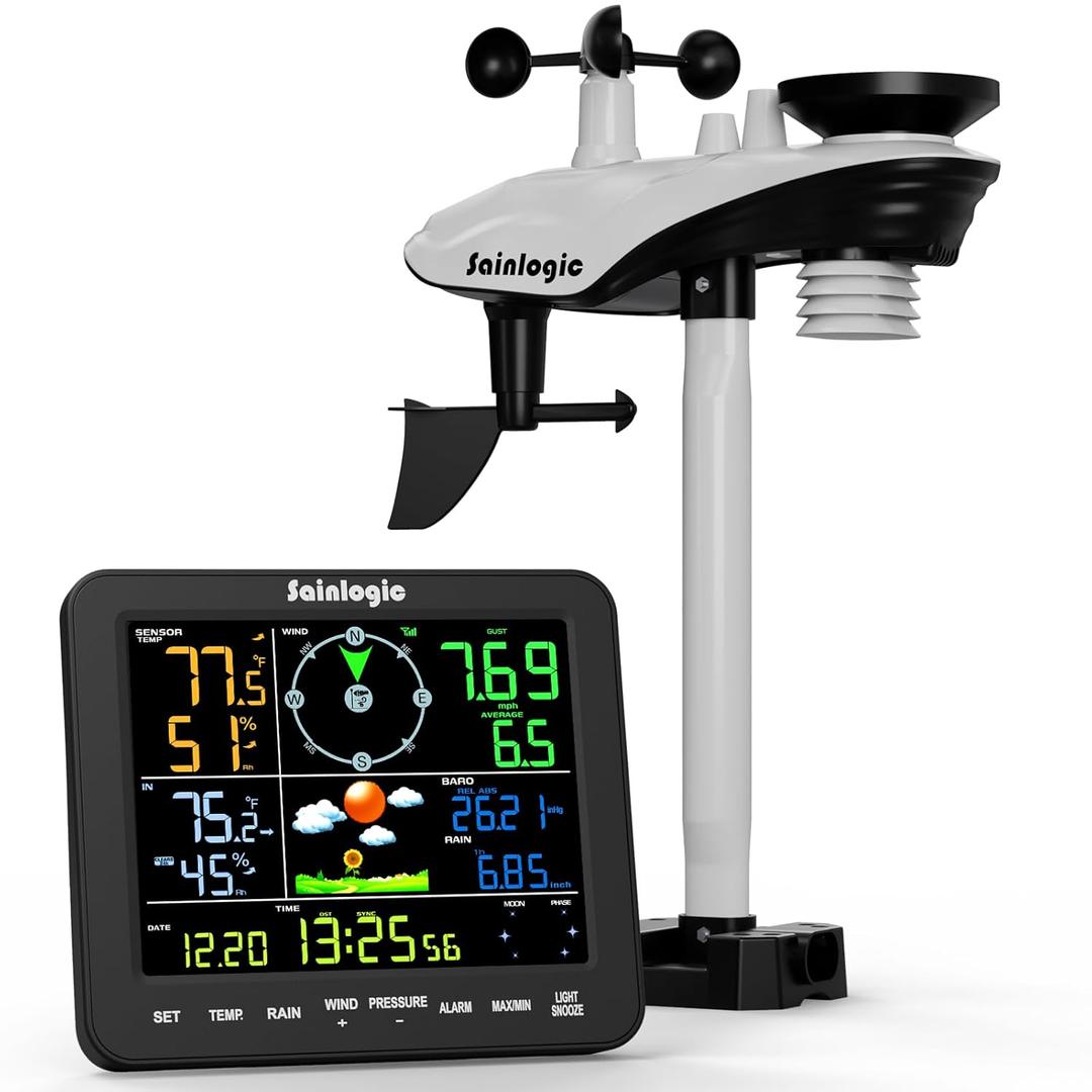 Sainlogic Home Weather Station with Rain Gauge and Wind Speed, Weather Stations Wireless Indoor Outdoor with Rain Gauge Outdoor, Temperature, Humidity, Forecast, Moon Phase, Alarm Clock(No WiFi)