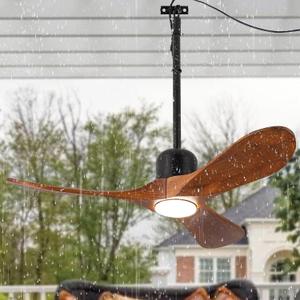 42 Inch Outdoor Ceiling Fan with Light and Remote, Wet Rated Wood Gazebo Fan with 16ft Plug-in Cord, 3 Walnut Blades Farmhouse Patio Fan, Reversible DC Motor, Memory Function, Matte Black