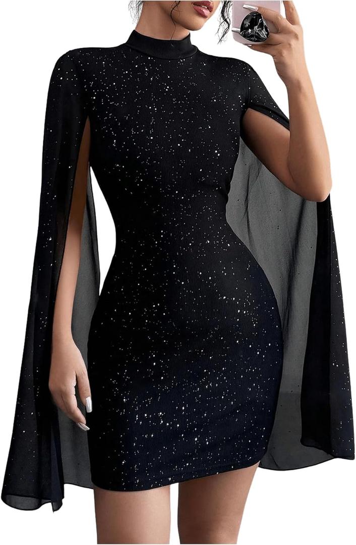SOLY HUX Women's Sparkly Glitter Bodycon Mini Dress Sequin Long Bell Sleeve Mock Neck Prom Cocktail Party Dresses (Large, Pure Black)