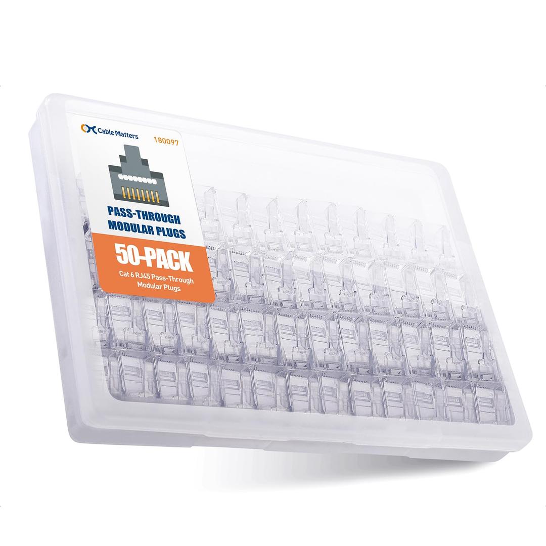 Cable Matters 50-Pack Cat 6 Pass Through RJ45 Connectors, 50 Gold Plated (Cat 6 Ends / Cat6 Connector /RJ45 Modular Plugs/Ethernet Plugs/Network Connector) for Solid or Stranded UTP Ethernet Cable