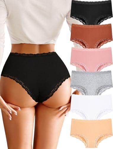 FINETOO Cotton Underwear for Women Sexy Boy Shorts Breathable Cheeky Lace Trim Panties Womens Underwear 6 Pack Size XL