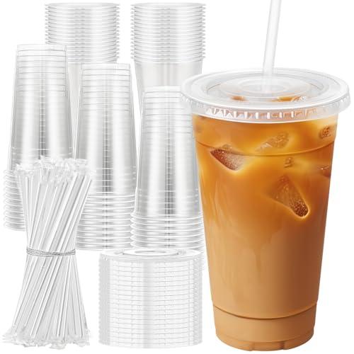 Lamosi 50 Pack 24 oz Clear Plastic Cups with Lids and Straws, Disposable Iced Coffee Cups with Lids for To-Go Cold Drinks, Smoothies and Slushie