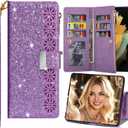 Samsung Galaxy Z Fold 7 Bling Wallet Phone Case, Glitter Flip Leather Cover with Zipper Card Slots Holder Kickstand & Wrist Strap for Women Girls Galaxy Z Fold 7 - CSF Purple