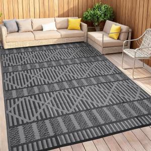 Outdoor Rug 9x12 Modern Striped Geometric Area Rugs for Indoor and Outdoor Patios and Porches - Waterproof, Washable, Non-Shedding, Easy-to-Clean Outside CarpetBlack/Grey