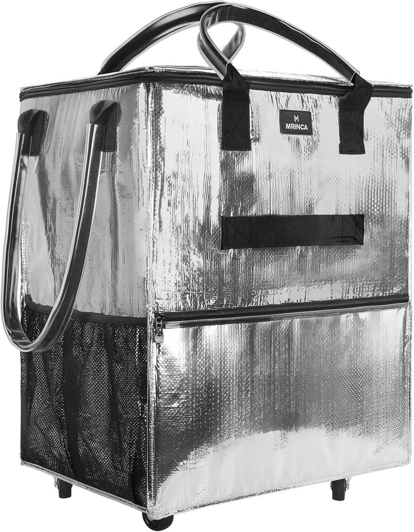 Large Reusable Grocery Bag On Wheels, 130L Foldable Tote, 5 Swivel Wheel Shopping Trolley with Multiple Pockets, Zippered Top, Folds Flat for Storage, for Shopping, Laundry, Camping, Moving, Silver