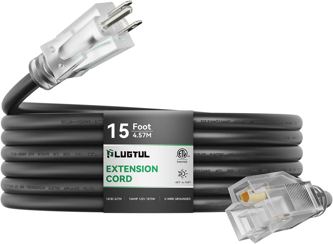 PLUGTUL Outdoor Extension Cord 15FT, 12 Gauge Extension Cord with Lighted End, Heavy Duty,15A 1875W SJTW, ETL Listed, Great for Garden and Home, Black