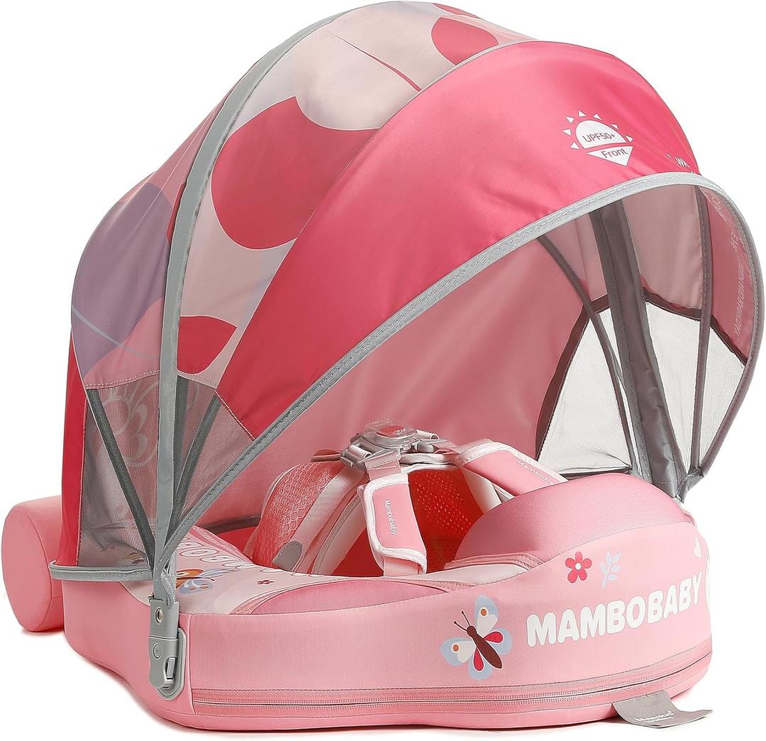 Mambobaby Float with Canopy Size Improved Non Inflatable Infant Baby Pool Float Smart Mambo Float Swim Trainer Add Tail Baby Swim Float Mambo Baby Float Solid Air Free Water Waist Swimming Ring (3D Butterfly Pink)