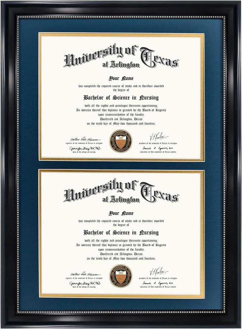 GraduationMall 14x20 Double Diploma Frame, Display 8.5x11 Certificate with Navy over Gold Mat,UV Protection Acrylic,Black with Silver Beads