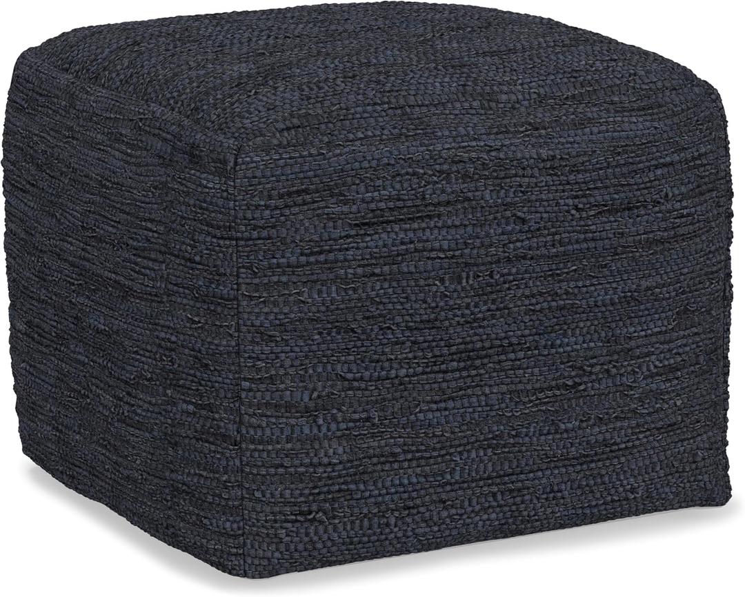 SIMPLIHOME Fredrik Square Pouf - 18 inch Wide Genuine Woven Leather Ottoman in Dark Blue, Boho-Style Footstool or Extra Seating for Living Room or Bedroom with Polystyrene Bead Filling, Assembled