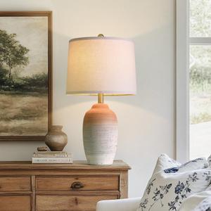 USumkky 24.5" Ceramic Table Lamp with 5FT Cord, Single Farmhouse Vintage Rustic Bedside Lamp for Living Room Bedroom Entryway, Linen Shade Nightstand End Table Decor (Bulb Not Included)-White & Brown